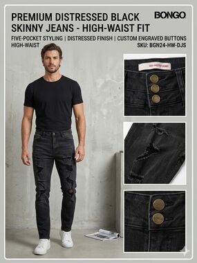 BONGO Premium Distressed Black High-Waist Skinny Jeans for Men
